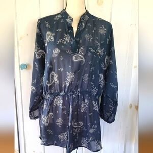 Sheer Paisley Cinch Waist Hi Lo Blouse